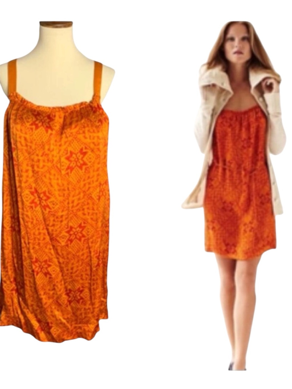 Anthropologie Lilka Dress Boho Patterned Silk Slip Orange- S